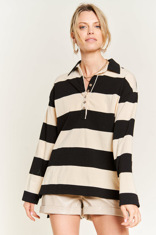 All-Over Striped Jersey Knit Long Sleeve Top