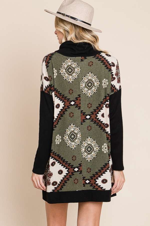 Aztec Floral Print Cowl-Neck Top