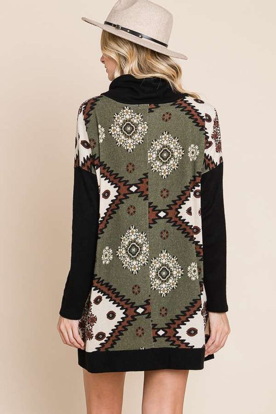 Aztec Floral Print Cowl-Neck Top