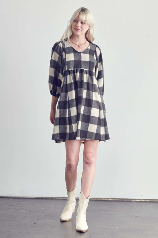 Plaid V-Neck Babydoll Dress