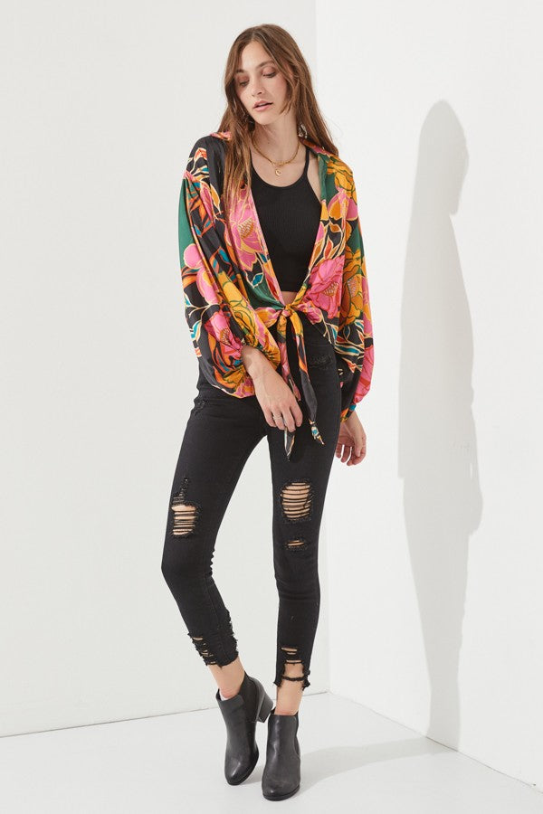 Floral Print Tie-Front Cardigan