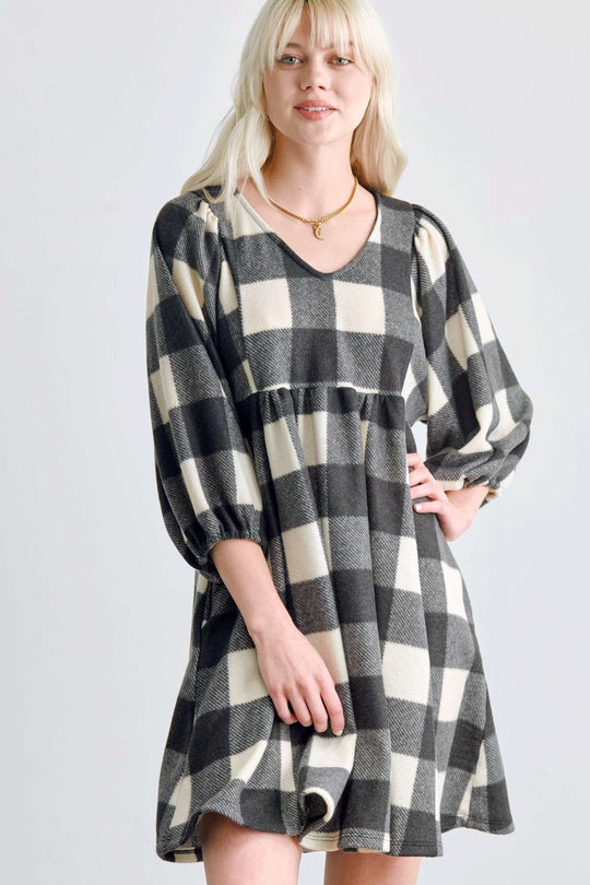 Plaid V-Neck Babydoll Dress