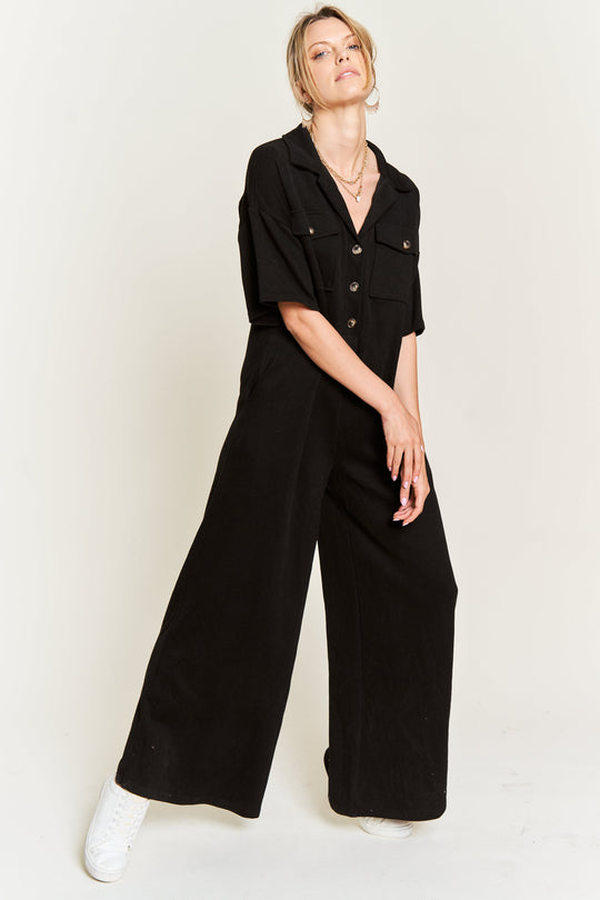 Basic Collar Shirt Wide Leg Jumpsuit