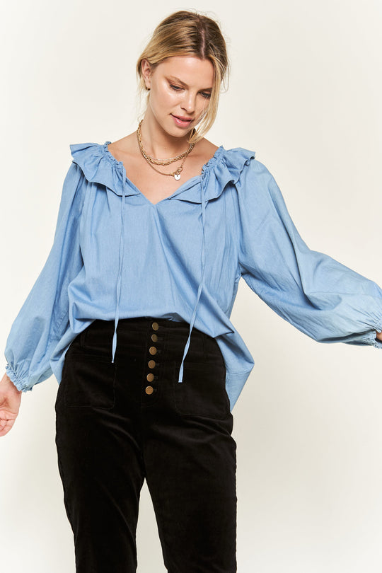 Ruffled V-Neck Tie Straps Blouse