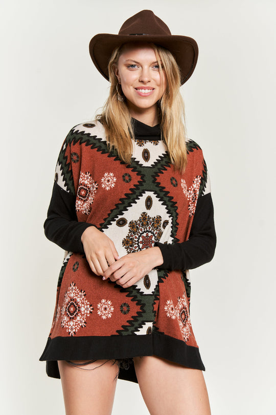 Aztec Floral Print Cowl-Neck Top