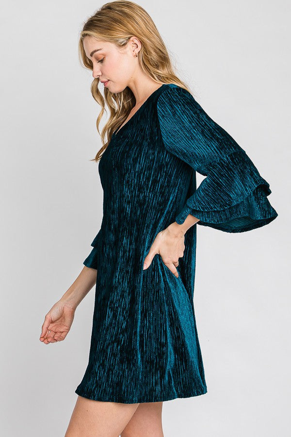 Velvet Bell Sleeve Layered Short Dress