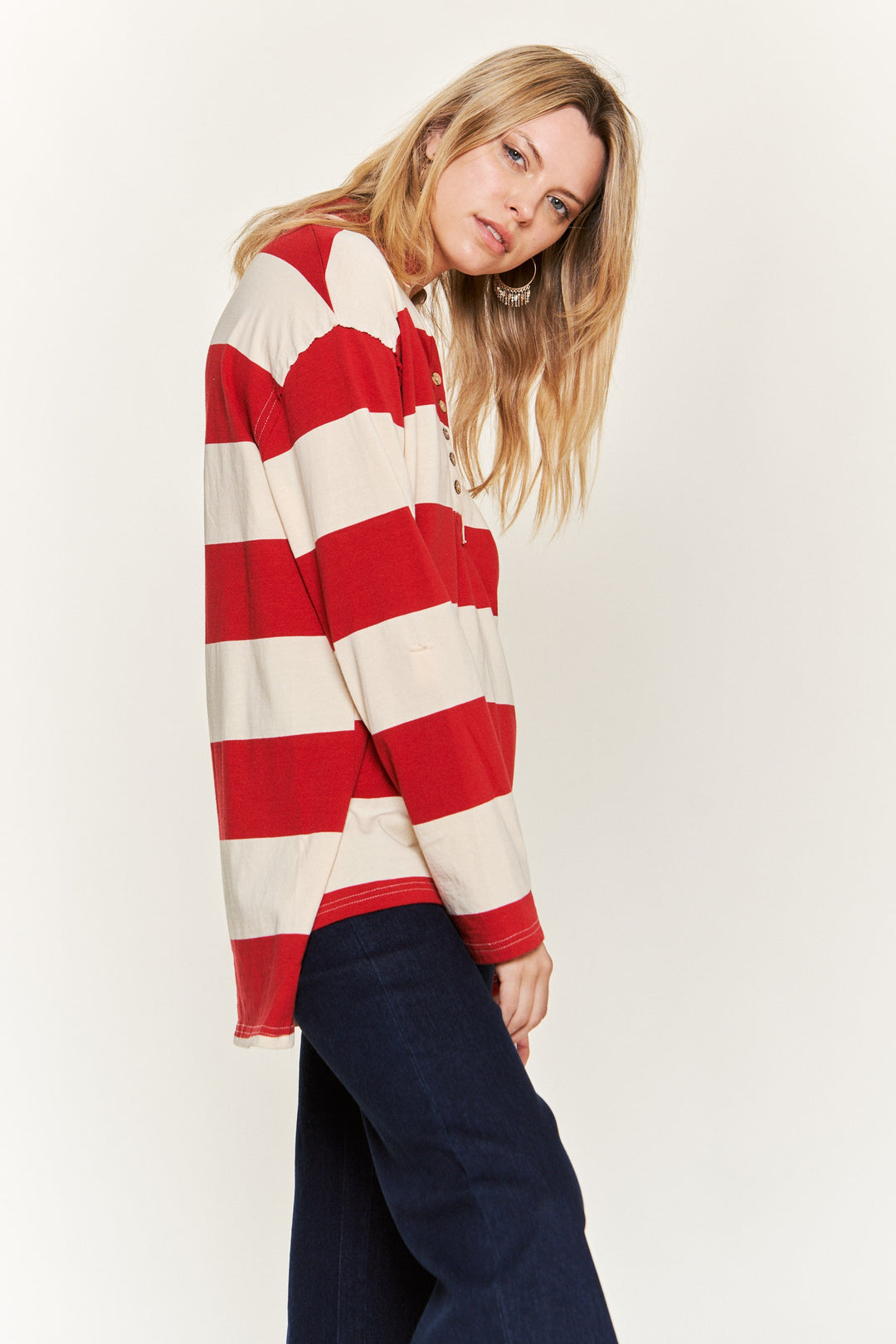 All-Over Striped Jersey Knit Long Sleeve Top