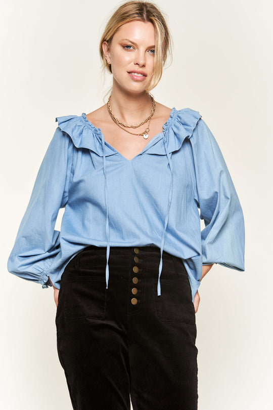 Ruffled V-Neck Tie Straps Blouse