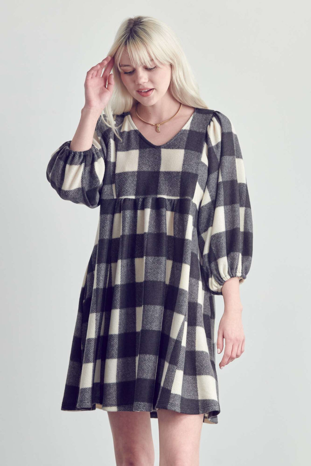 Plaid V-Neck Babydoll Dress