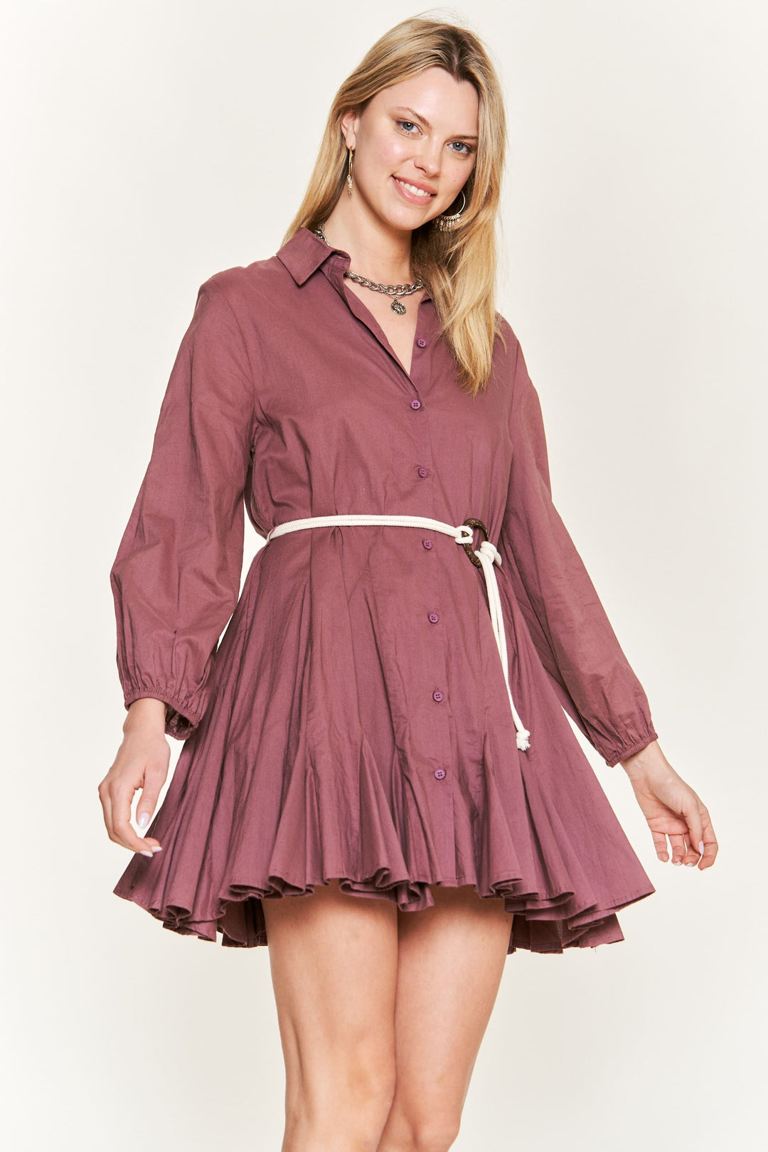 Solid Flare Shirt Dress w/ Belt