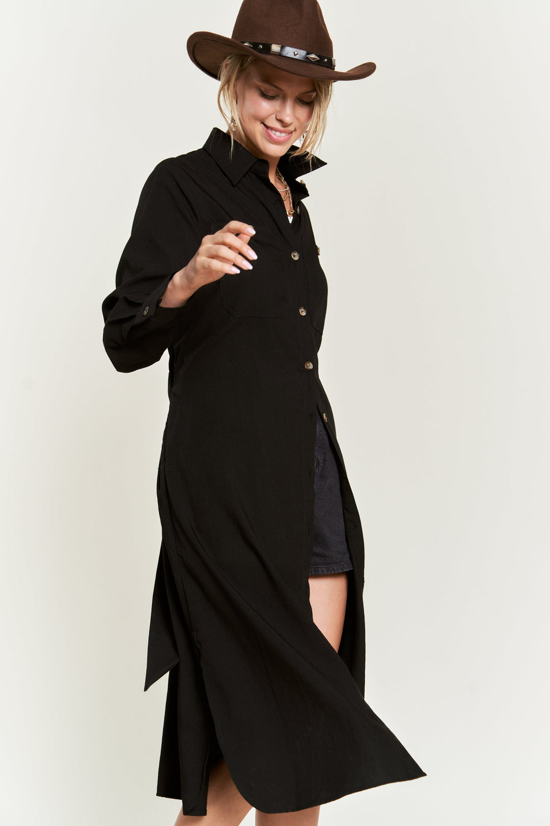 Solid Button-Down Belted Long Dress