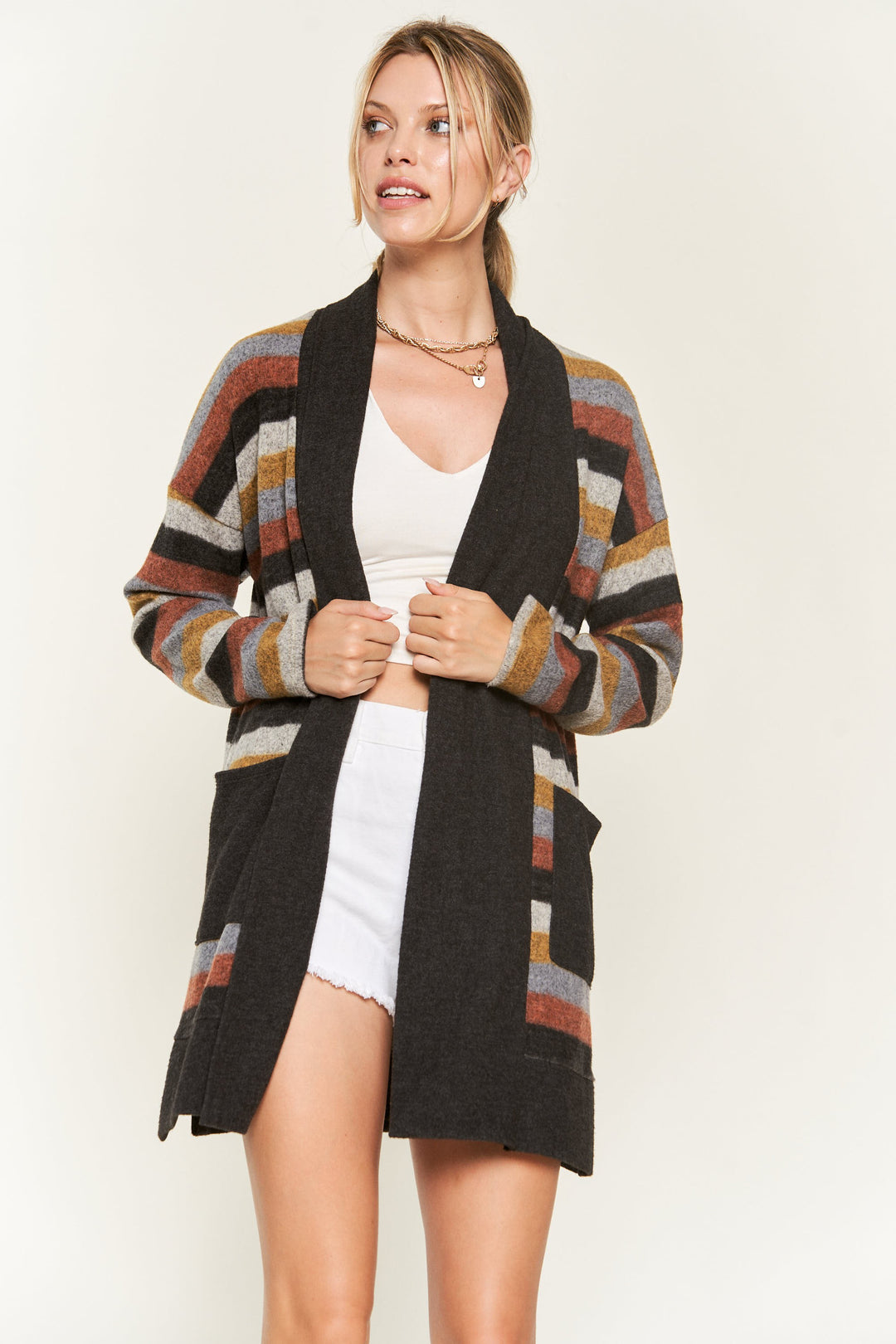 Multi-Color Striped Open Cardigan