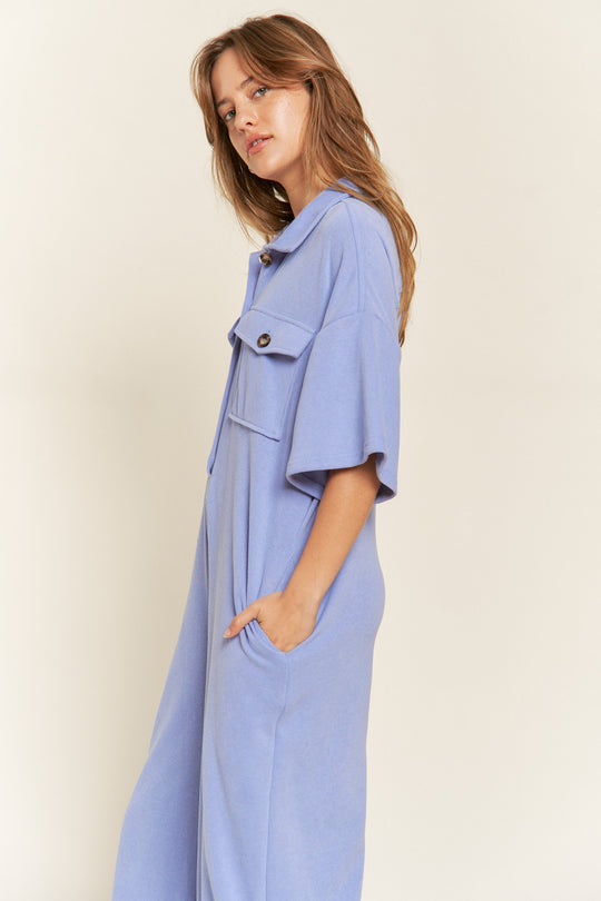 Basic Collar Shirt Wide Leg Jumpsuit