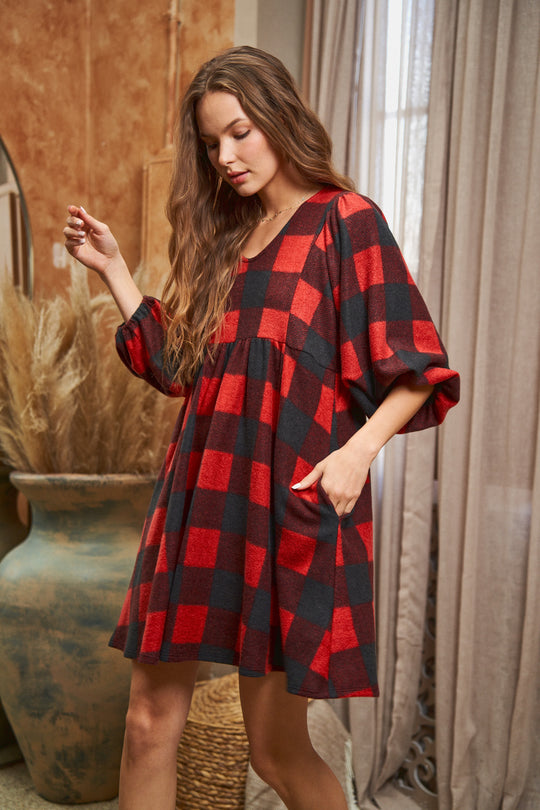 Plaid V-Neck Babydoll Dress