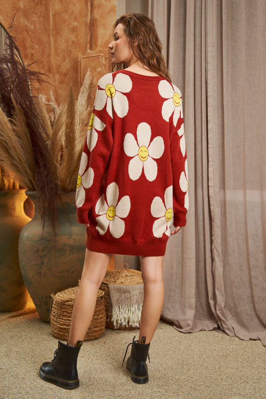 Happy Face Floral Print Knit Sweater Dress