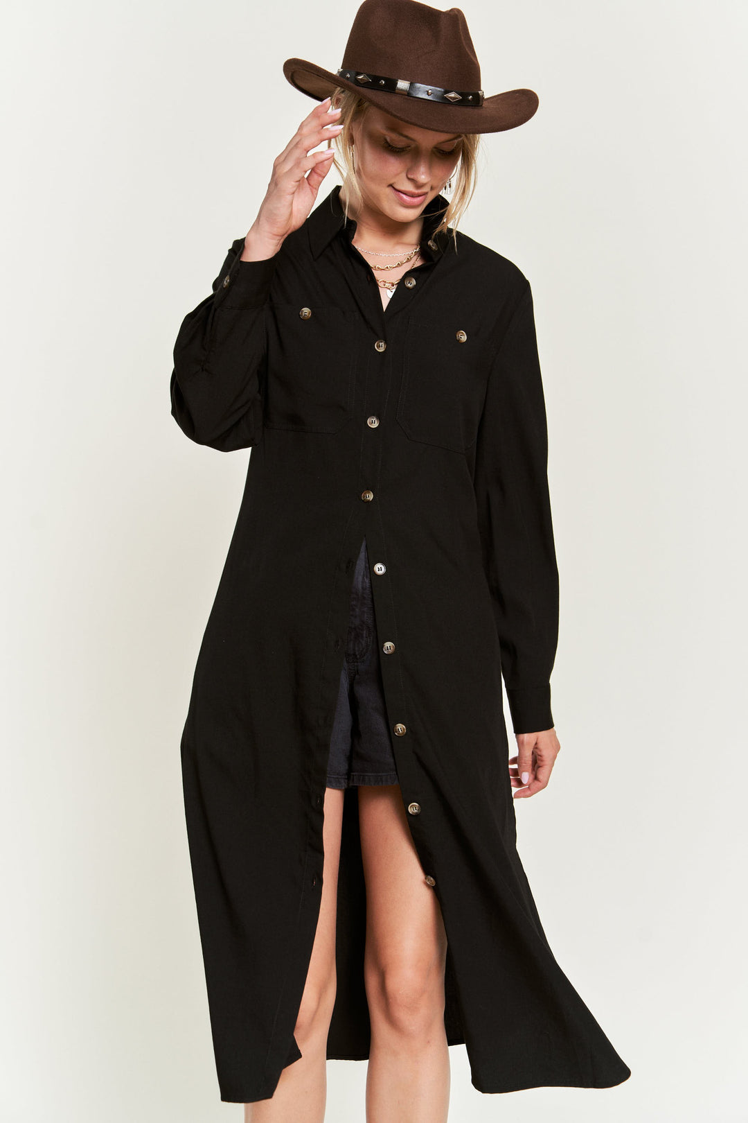 Solid Button-Down Belted Long Dress