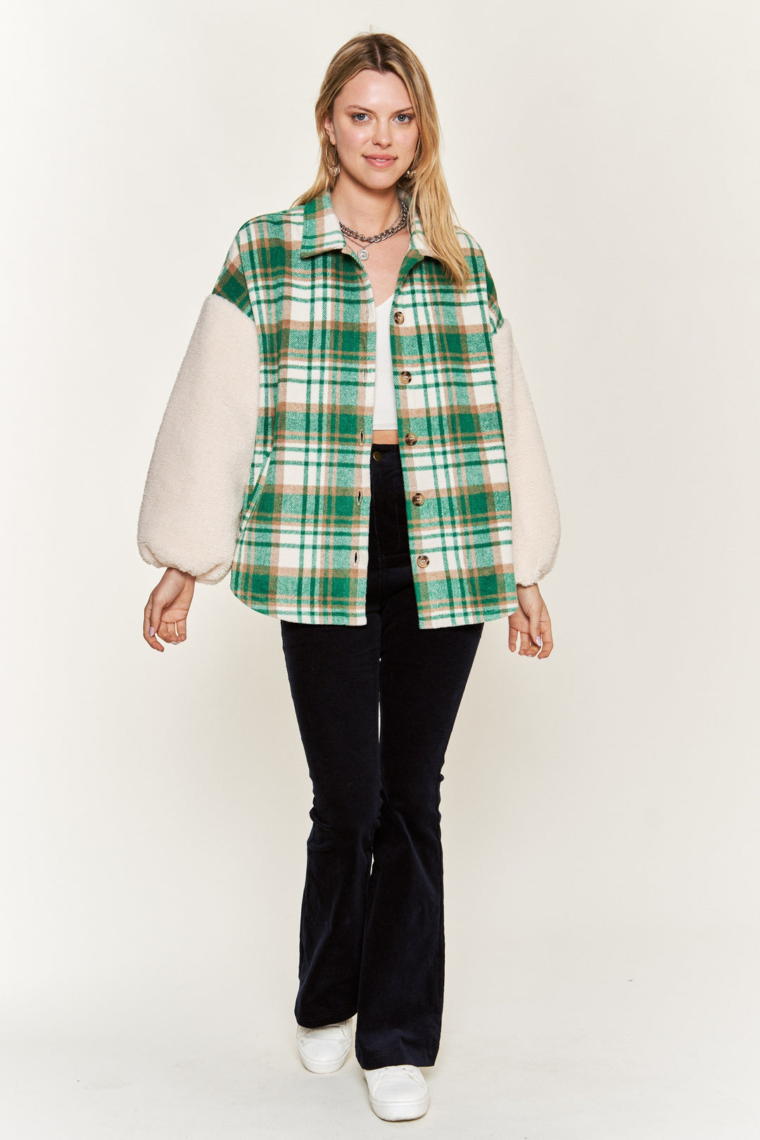 Plaid Fuzzy Sleeve Jacket