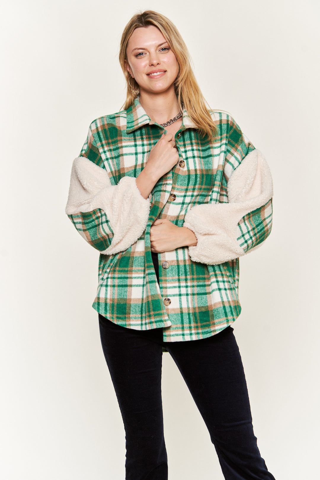 Plaid Fuzzy Sleeve Jacket