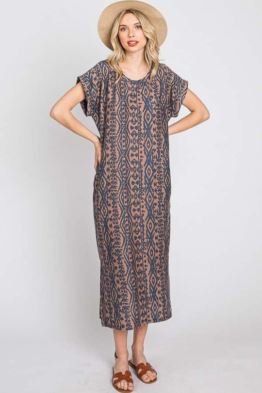 Aztec Print Midi Dress w/ Side Slit