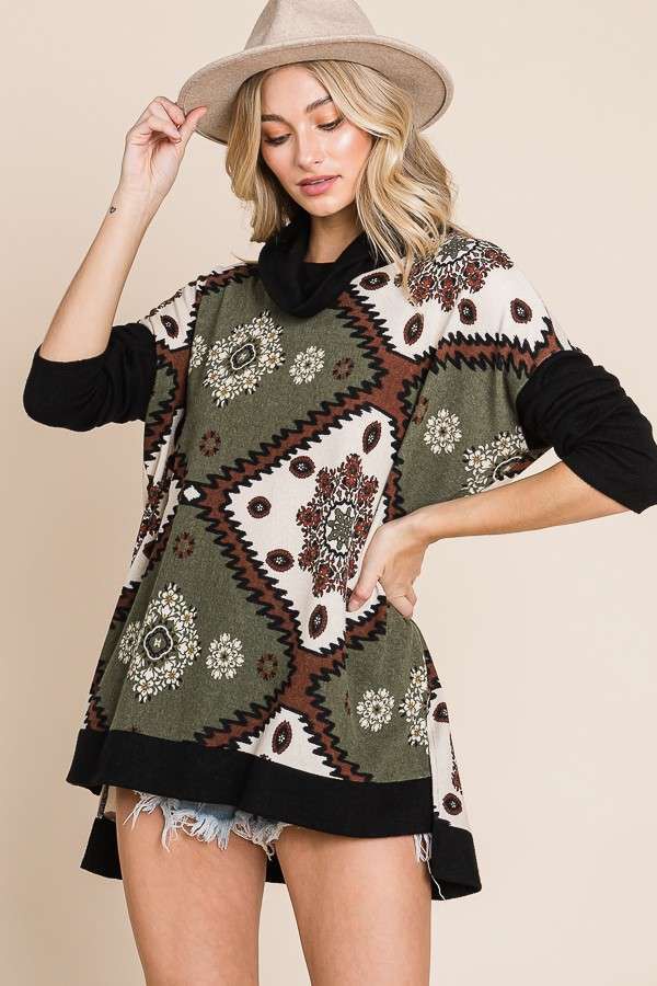 Aztec Floral Print Cowl-Neck Top