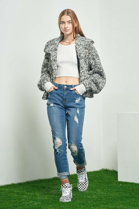 Solid Zipper Faux Fur Jacket