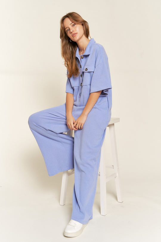 Basic Collar Shirt Wide Leg Jumpsuit