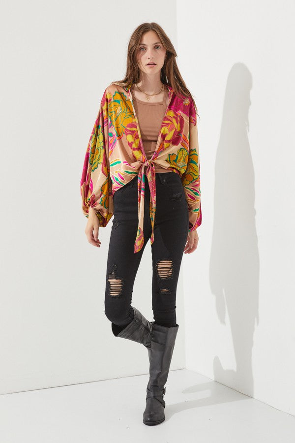 Floral Print Tie-Front Cardigan