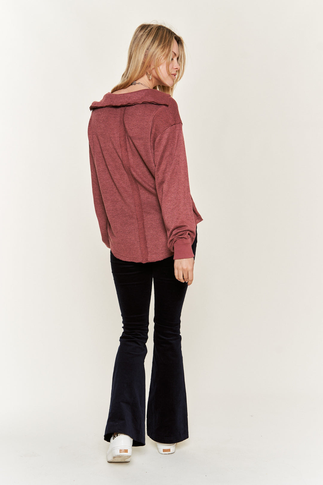 Deep V-Neck Collared Long Sleeve Knit Top