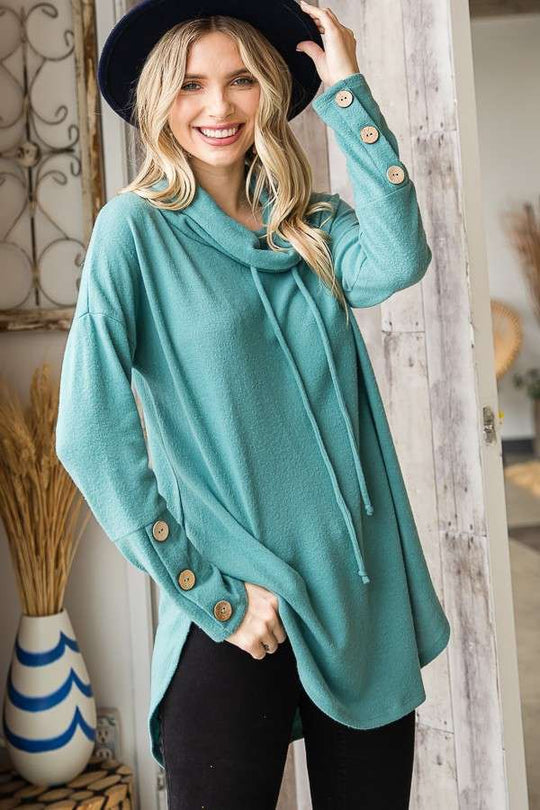 Cowl Neck Button Tab Sleeve Tunic