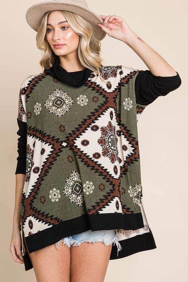 Aztec Floral Print Cowl-Neck Top