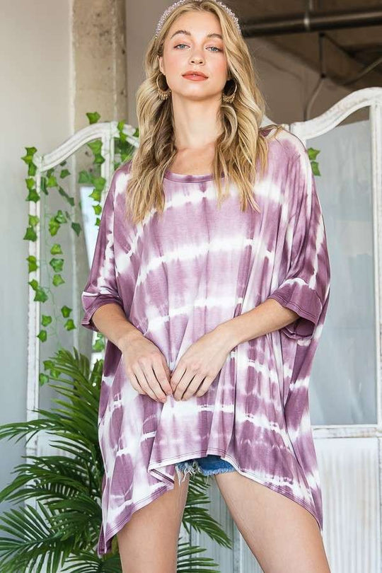 Round Neck Striped Tie-Dye Short Sleeve Tunic