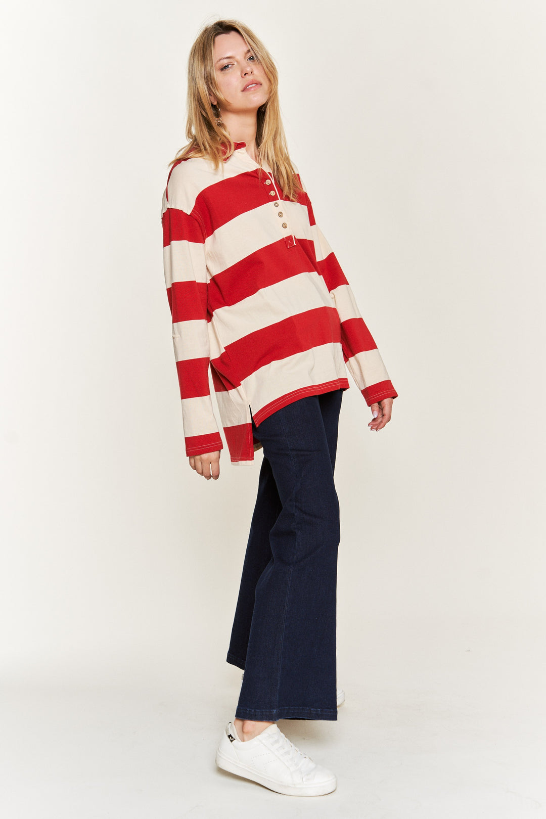 All-Over Striped Jersey Knit Long Sleeve Top