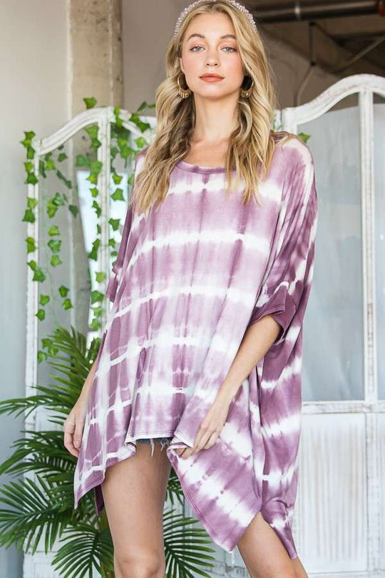 Round Neck Striped Tie-Dye Short Sleeve Tunic