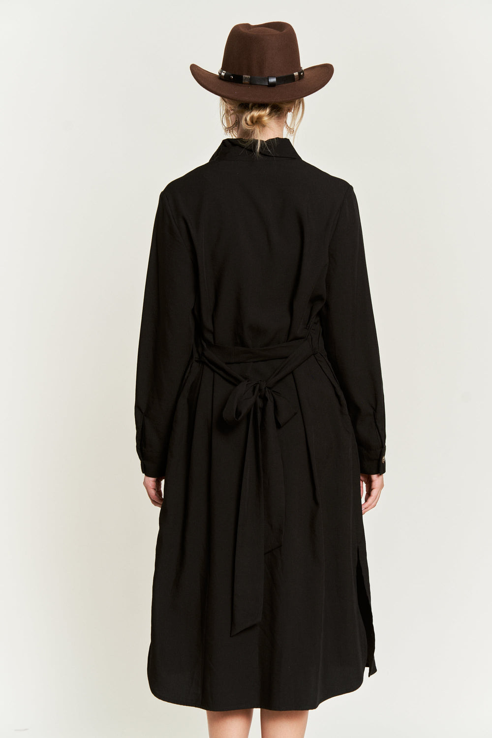 Solid Button-Down Belted Long Dress