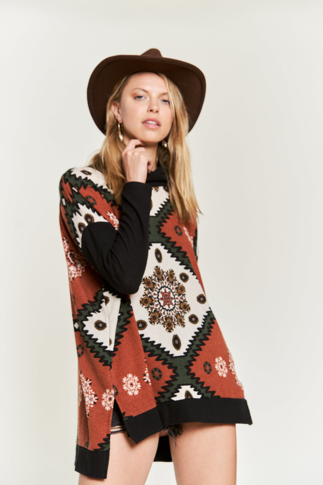 Aztec Floral Print Cowl-Neck Top