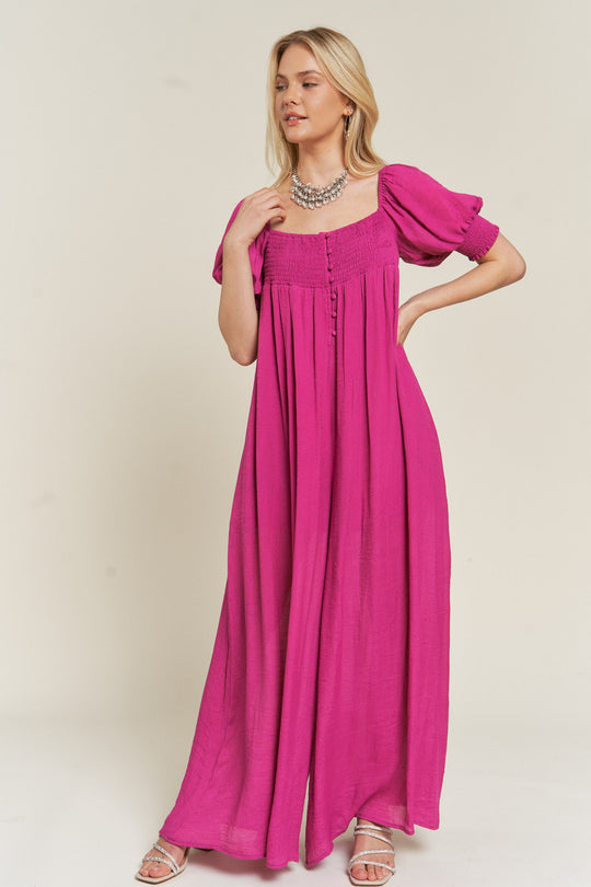 Smocked Neck Wide Leg Jumpsuit