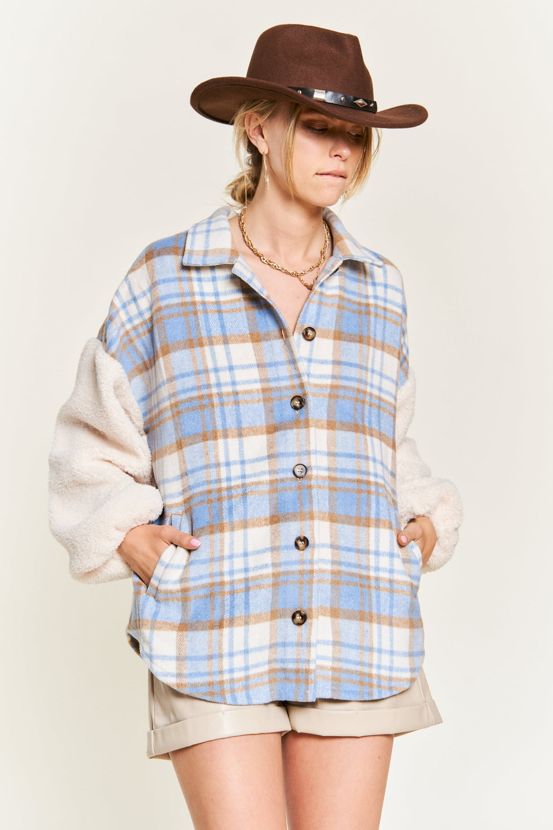 Plaid Fuzzy Sleeve Jacket