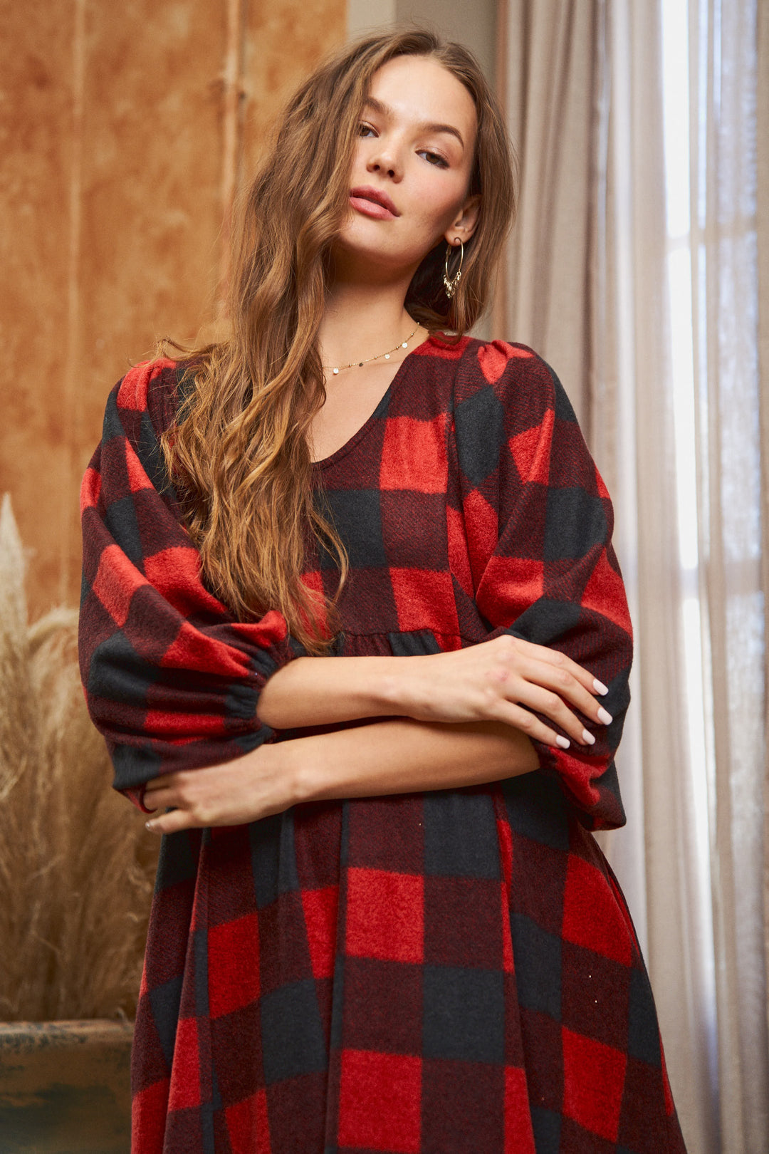 Plaid V-Neck Babydoll Dress