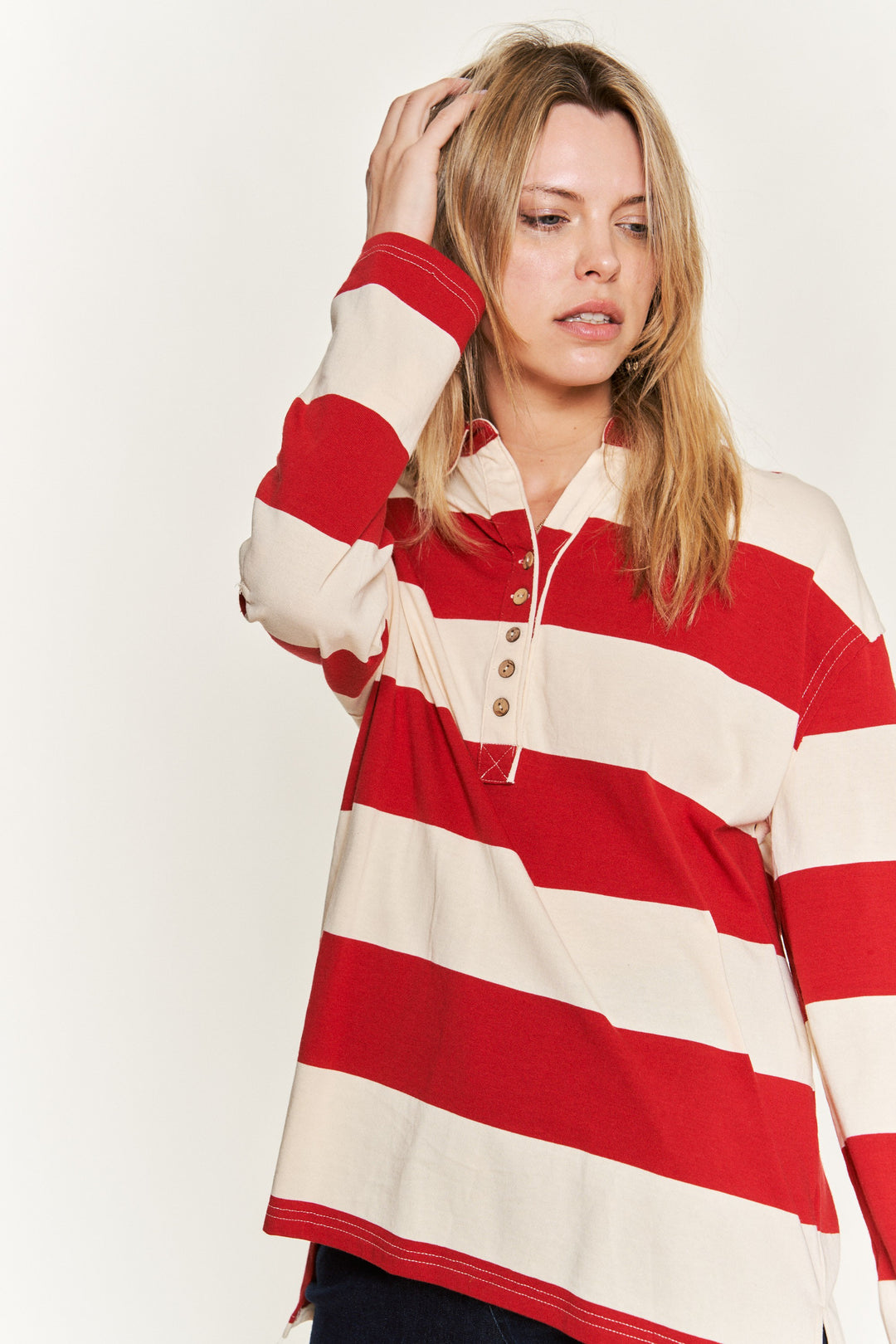 All-Over Striped Jersey Knit Long Sleeve Top