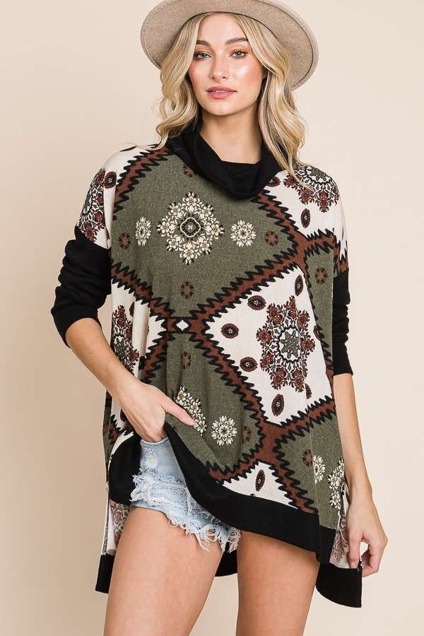 Aztec Floral Print Cowl-Neck Top