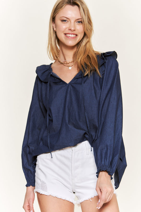 Ruffled V-Neck Tie Straps Blouse