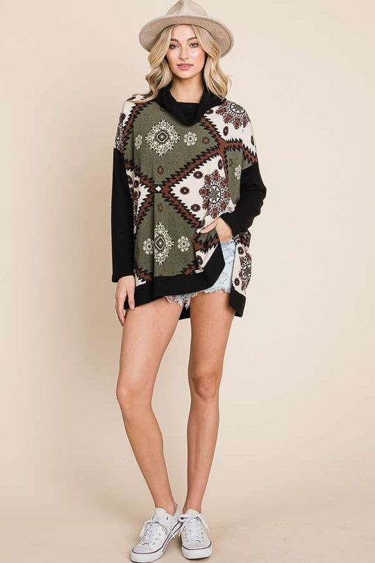 Aztec Floral Print Cowl-Neck Top