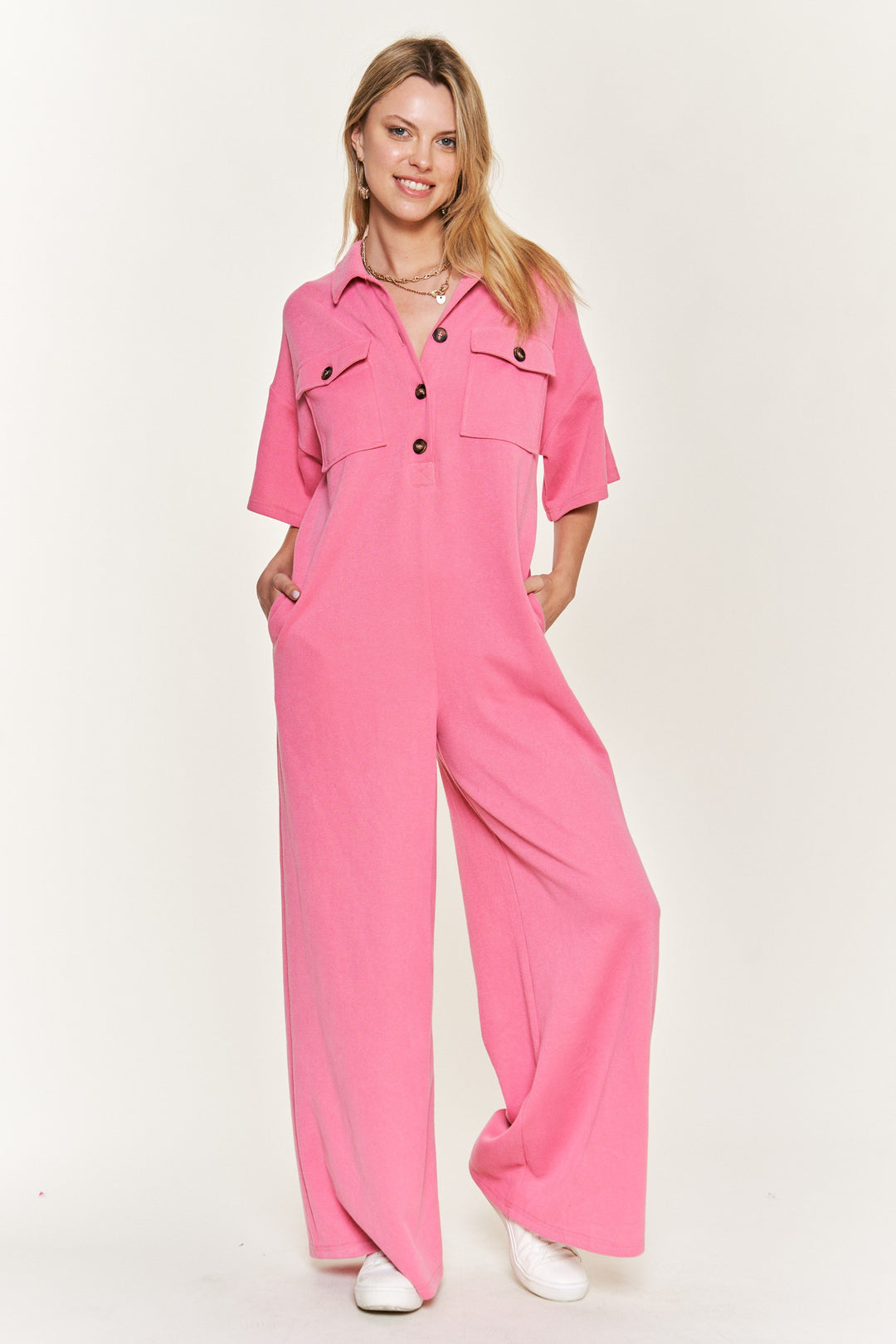 Basic Collar Shirt Wide Leg Jumpsuit