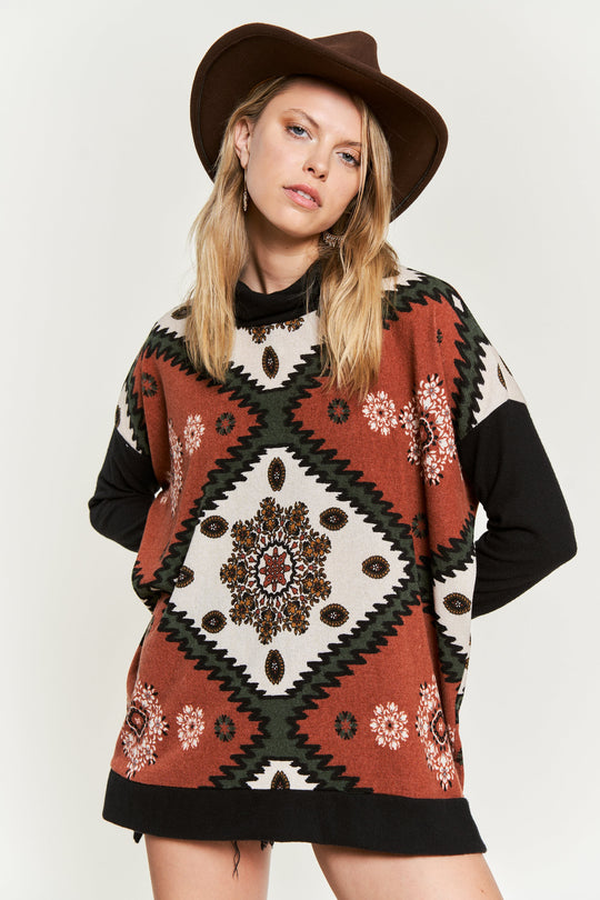 Aztec Floral Print Cowl-Neck Top