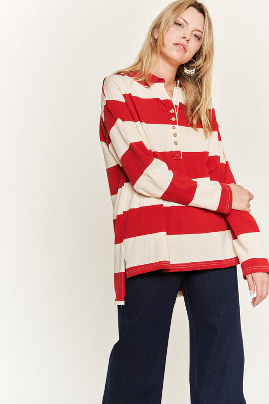 All-Over Striped Jersey Knit Long Sleeve Top