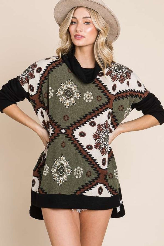 Aztec Floral Print Cowl-Neck Top