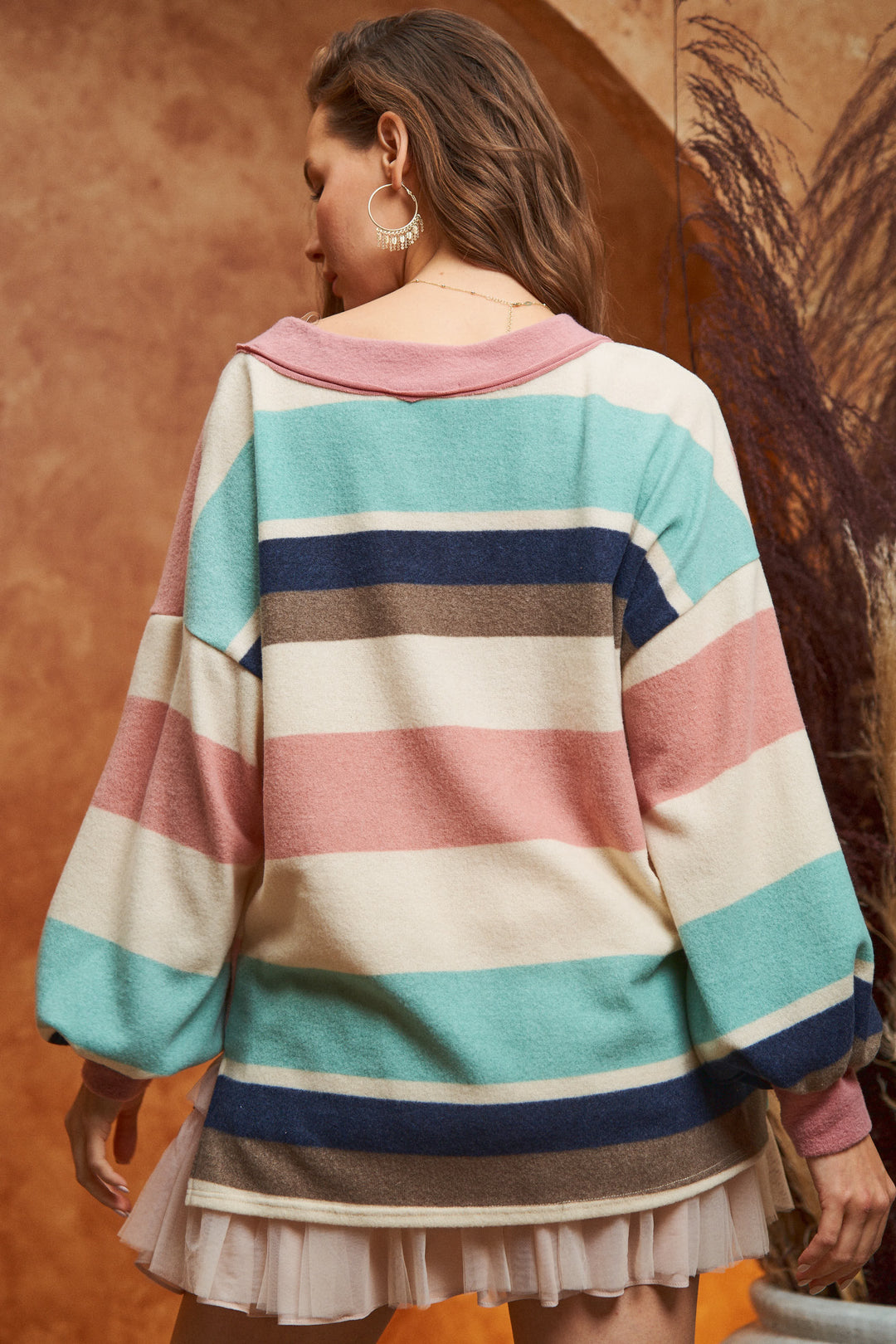 V-Neck Multi Color Stripe Long Sleeve Top