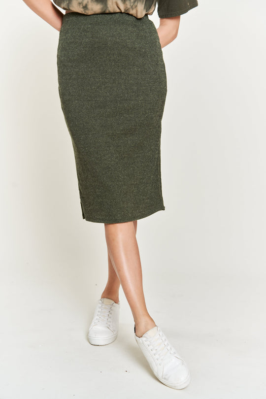 Ribbed Side-Slit Midi Skirt