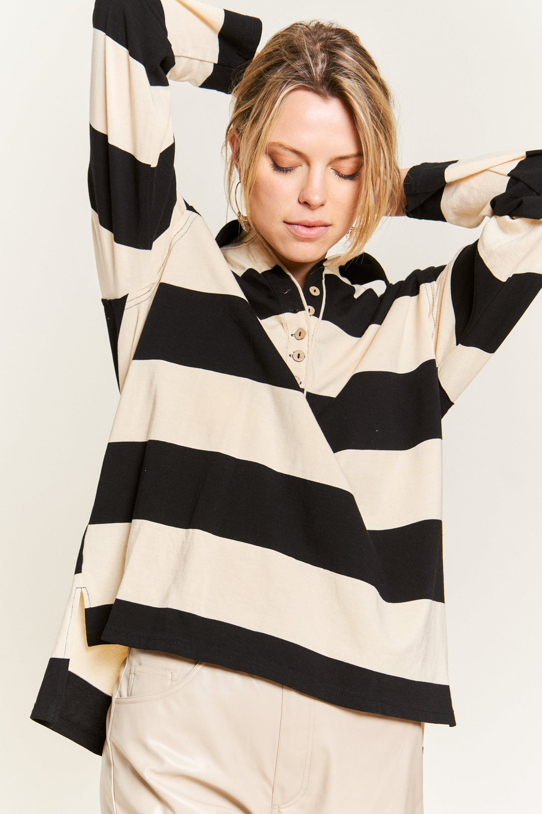 All-Over Striped Jersey Knit Long Sleeve Top