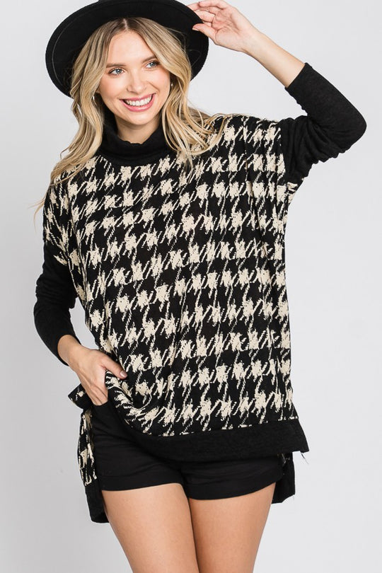 Houndstooth Cowl Neck Tunic